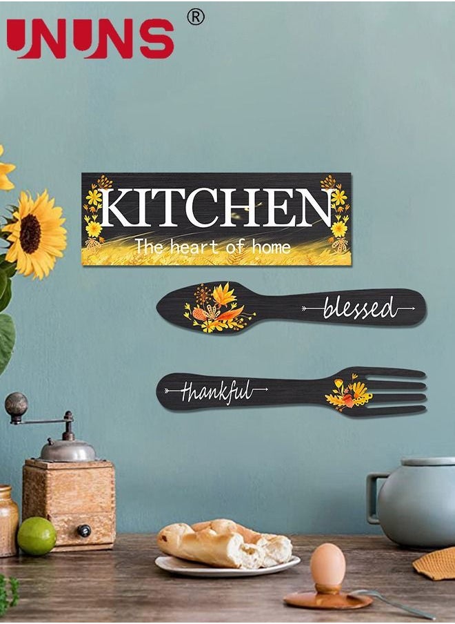 UNUNS - Set Of 3 Pieces Eat Sign Wall Decor,Kitchen Wooden Wall Pendant,Fork And Spoon Wall Decor,Country Wall Art For Dining Room - Image 1