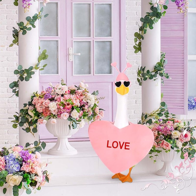 JcHrmers Valentine's Day Porch Goose Outfits Pink Heart Goose Outfit Lawn Porch Goose Clothes Fits 23 Cement Plastic Goose Statue for Valentine Outdoor Garden Yard Patio Statue Art Decor(Pink) - Image 5