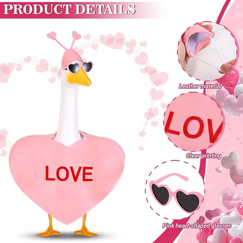 JcHrmers Valentine's Day Porch Goose Outfits Pink Heart Goose Outfit Lawn Porch Goose Clothes Fits 23 Cement Plastic Goose Statue for Valentine Outdoor Garden Yard Patio Statue Art Decor(Pink) - Image 2
