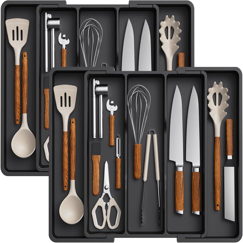 Lifewit Utensil Organizer for Kitchen Drawers, Expandable Cooking Utensil Tray, Adjustable Cutlery Silverware Flatware Holder, Plastic Kitchen Spatula Tools and Gadgets Storage Divider, 2 Pack, Black - Image 1