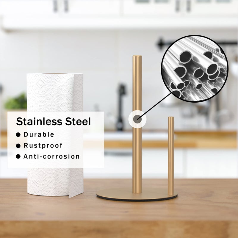 niffgaff Paper Towel Holder Gold Kitchen Roll Holder, Premium Stainless Steel Paper Towel Holder for Kitchen Roll Organize, Countertop Roll Dispenser with Weighted Base  - Image 4