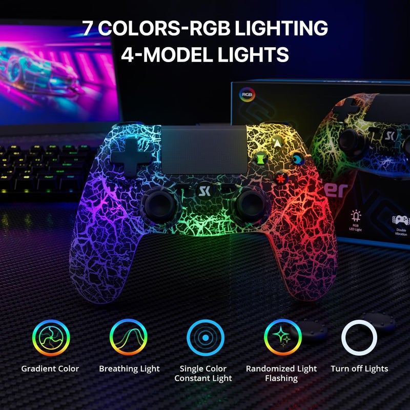 ISHAKO Controller for PS4, Wireless Game Controller for PlayStation 4/Pro/Slim/PC Windows, with 1000mAh Battery, 4-modes RGB Lighting，Double Vibration, 6-Axis Motion Control (Black) - Image 2