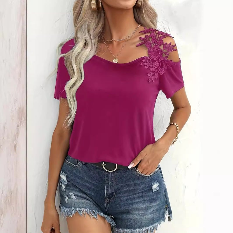 Women's Solid Color Patchwork Lace Trim T-Shirt - Image 4