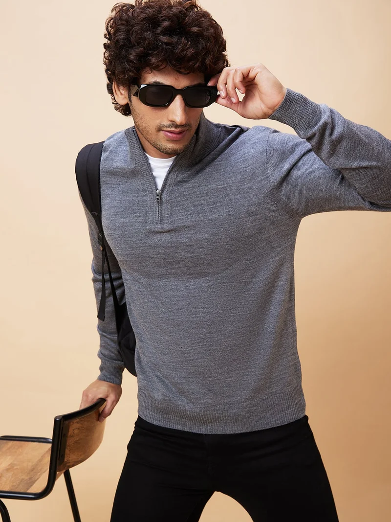 جلو باص بلوفر رجالي سادة رمادي كاجوال