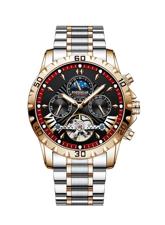 POEDAGAR Watches Men's Luxury Skeleton Dial Watch - Two-Tone Steel Strap Tourbillon & Moon Phase - Image 1