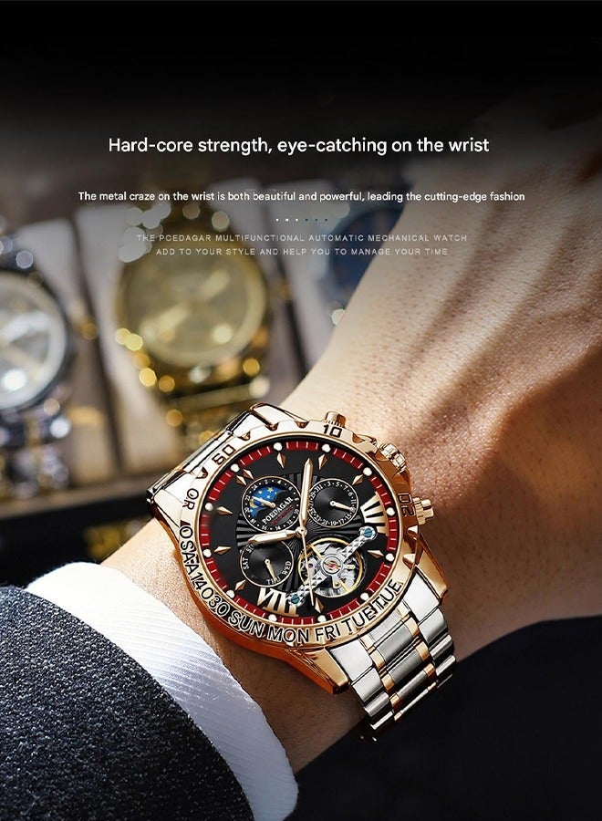 POEDAGAR Watches Men's Luxury Skeleton Dial Watch - Two-Tone Steel Strap Tourbillon & Moon Phase - Image 2
