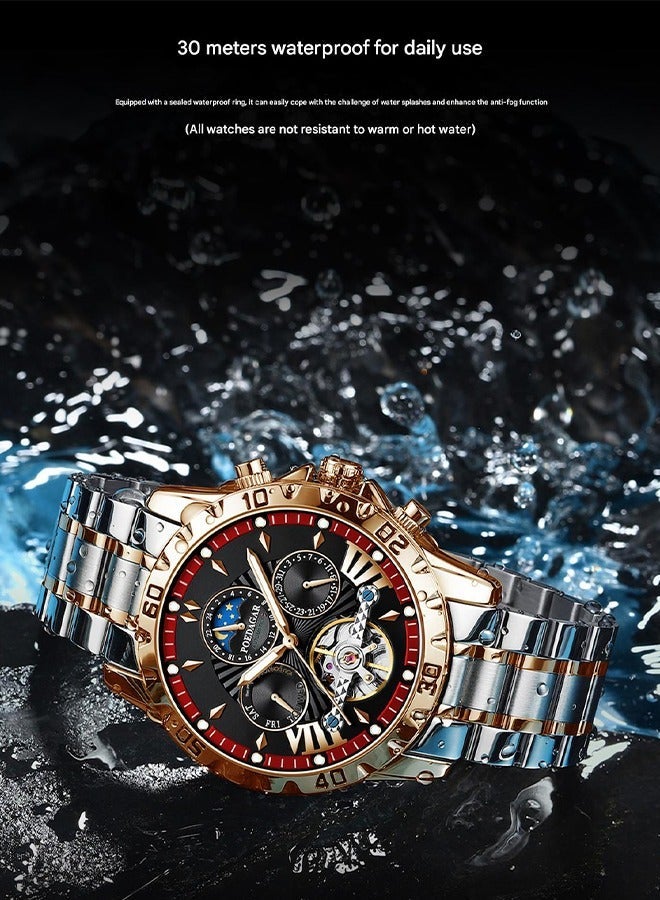 POEDAGAR Watches Men's Luxury Skeleton Dial Watch - Two-Tone Steel Strap Tourbillon & Moon Phase - Image 3