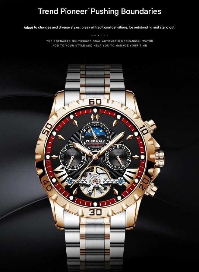 POEDAGAR Watches Men's Luxury Skeleton Dial Watch - Two-Tone Steel Strap Tourbillon & Moon Phase - Image 4