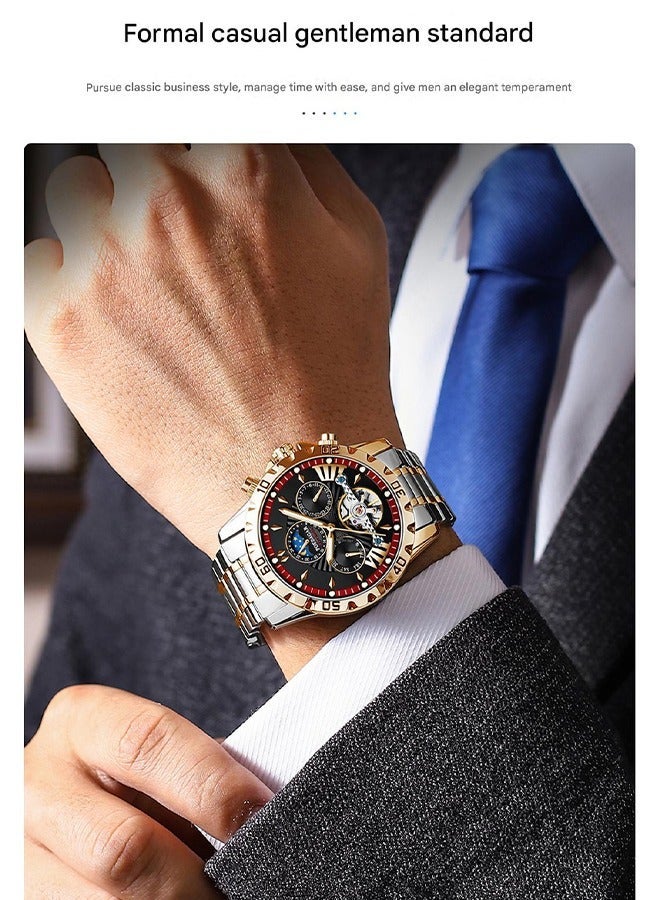 POEDAGAR Watches Men's Luxury Skeleton Dial Watch - Two-Tone Steel Strap Tourbillon & Moon Phase - Image 5