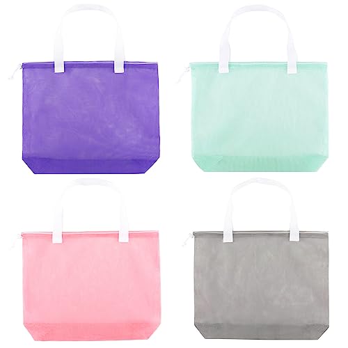 hsmyank Reusable 4Pack Colorful Mesh Beach Tote Bags,Mesh Shopping Bag With Drawstring For Travel,Toys,Gift Or Laundry … … (WHITE HANDLE) - Image 1