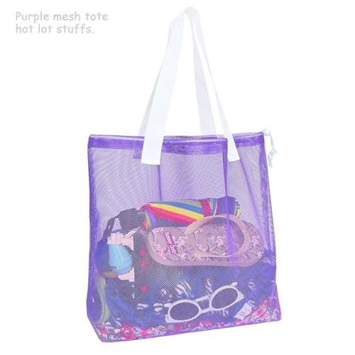 hsmyank Reusable 4Pack Colorful Mesh Beach Tote Bags,Mesh Shopping Bag With Drawstring For Travel,Toys,Gift Or Laundry … … (WHITE HANDLE) - Image 4