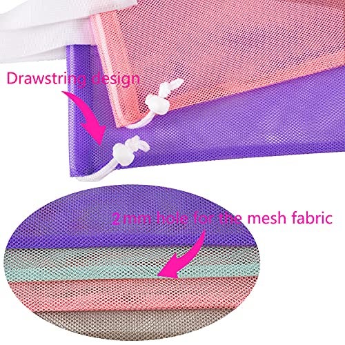 hsmyank Reusable 4Pack Colorful Mesh Beach Tote Bags,Mesh Shopping Bag With Drawstring For Travel,Toys,Gift Or Laundry … … (WHITE HANDLE) - Image 3