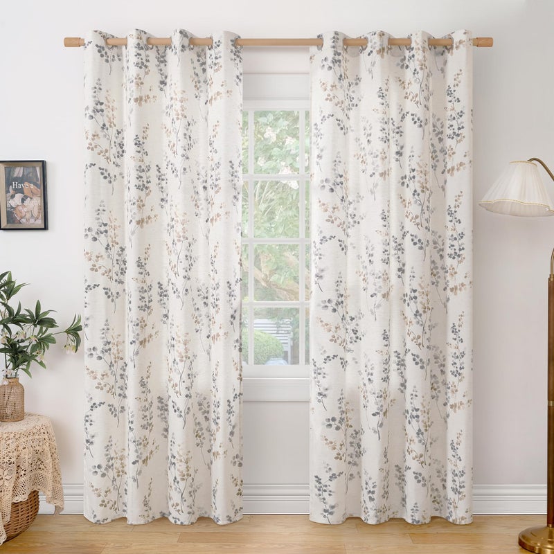 BGment Linen Curtains for Living Room 84 Inch Length 2 Panels Set Floral Leaf Patterns  Light Filtering Privacy Window Curtains for Bedroom Boho Farmhouse Vintage  Each 52 Inch Wide  Brown - Image 1