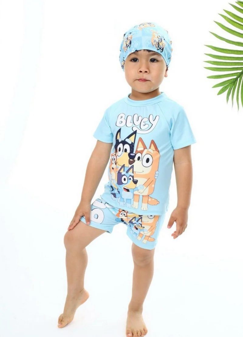 بوديوم جييم Podium Clothing New Season Bluey Patterned UV Protection Three Piece - Bonnet Short Sleeve Swimsuit Boy - Swimsuit