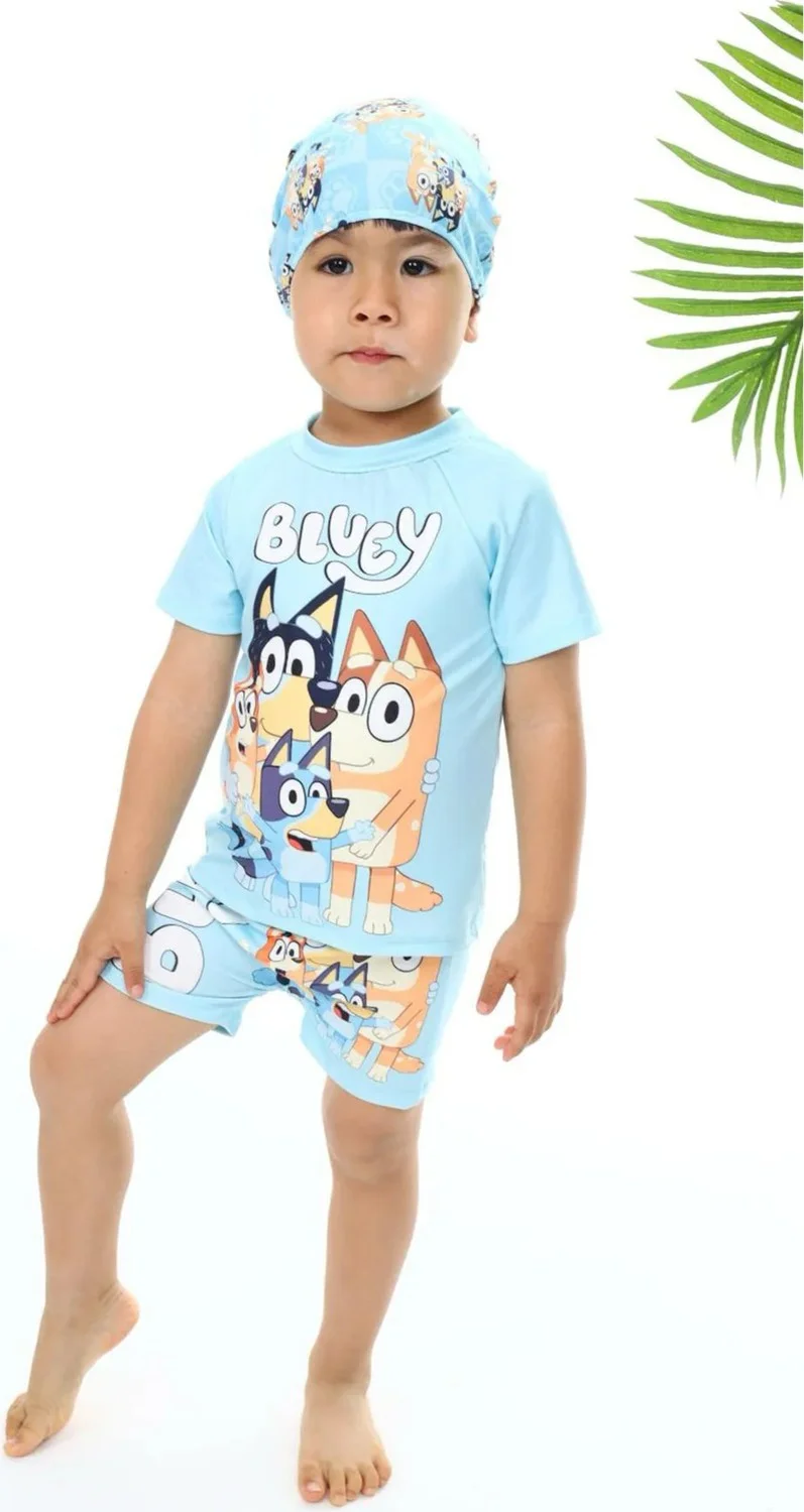 بوديوم جييم Podium Clothing New Season Bluey Patterned UV Protection Three Piece - Bonnet Short Sleeve Swimsuit Boy - Swimsuit