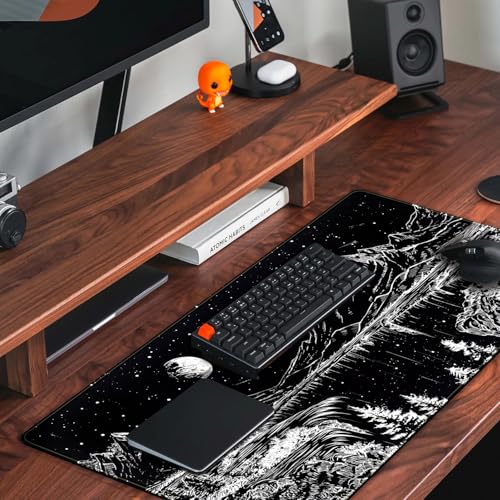 Mechanical Cattle Black and White Desk Mat Dark Nature Forest Mouse pad XXL Starry Night Mountain Desk pad Aesthetic Moon and Stars Mousepad XXL for Laptop Computer Mouse Gaming Keyboard Mat, 31.5 X 15.8 in - Image 5