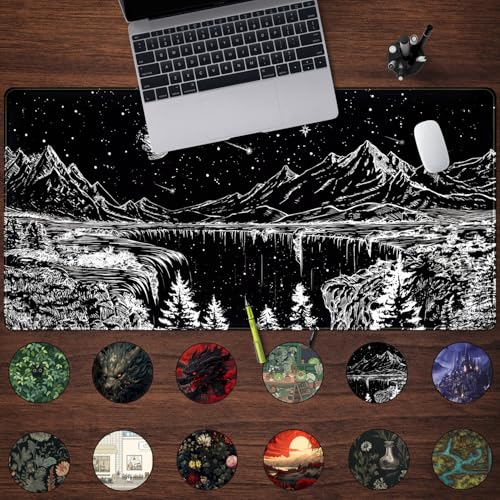 Mechanical Cattle Black and White Desk Mat Dark Nature Forest Mouse pad XXL Starry Night Mountain Desk pad Aesthetic Moon and Stars Mousepad XXL for Laptop Computer Mouse Gaming Keyboard Mat, 31.5 X 15.8 in - Image 2