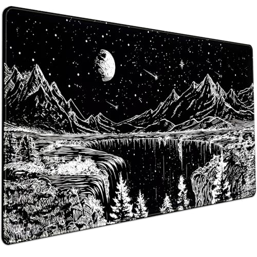 Mechanical Cattle Black and White Desk Mat Dark Nature Forest Mouse pad XXL Starry Night Mountain Desk pad Aesthetic Moon and Stars Mousepad XXL for Laptop Computer Mouse Gaming Keyboard Mat, 31.5 X 15.8 in - Image 1