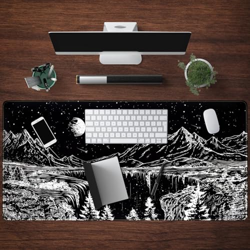Mechanical Cattle Black and White Desk Mat Dark Nature Forest Mouse pad XXL Starry Night Mountain Desk pad Aesthetic Moon and Stars Mousepad XXL for Laptop Computer Mouse Gaming Keyboard Mat, 31.5 X 15.8 in - Image 4