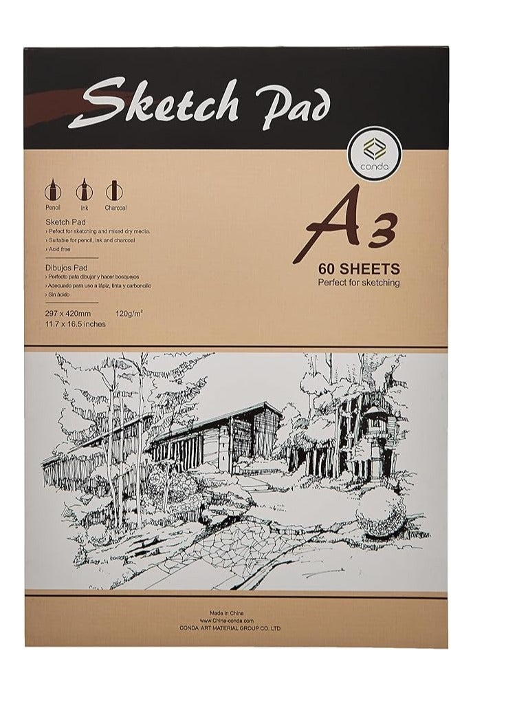 Conda A3 Sketch Paper Pad 120g, 60 Sheets (420 X 297mm) Artist Sketchbook with Thick Drawing Papers Acid Free, Professional Media for Sketching Painting Coloring Stationery, Kids & Adult Sketch Book - Image 2