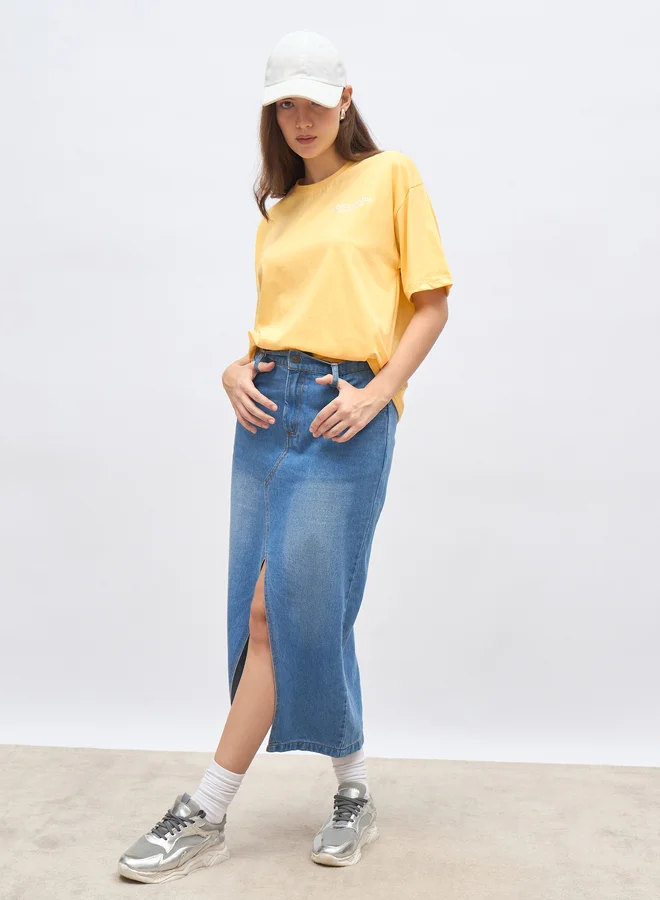 ستايلي Styli Embroidered Slogan Round Neck Oversized T-Shirt