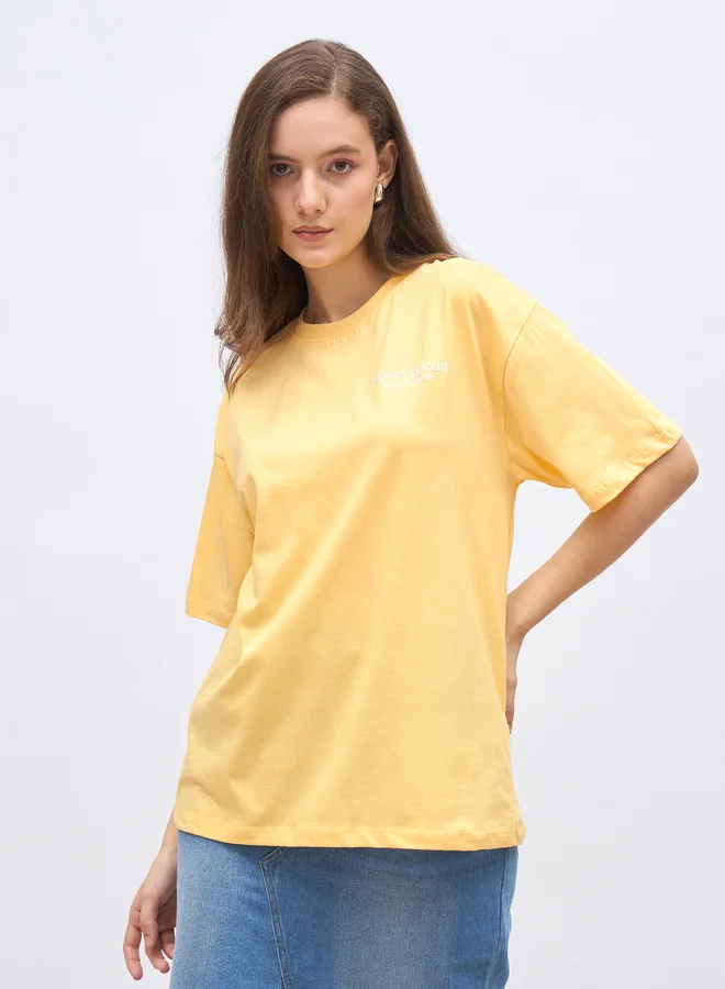 ستايلي Styli Embroidered Slogan Round Neck Oversized T-Shirt