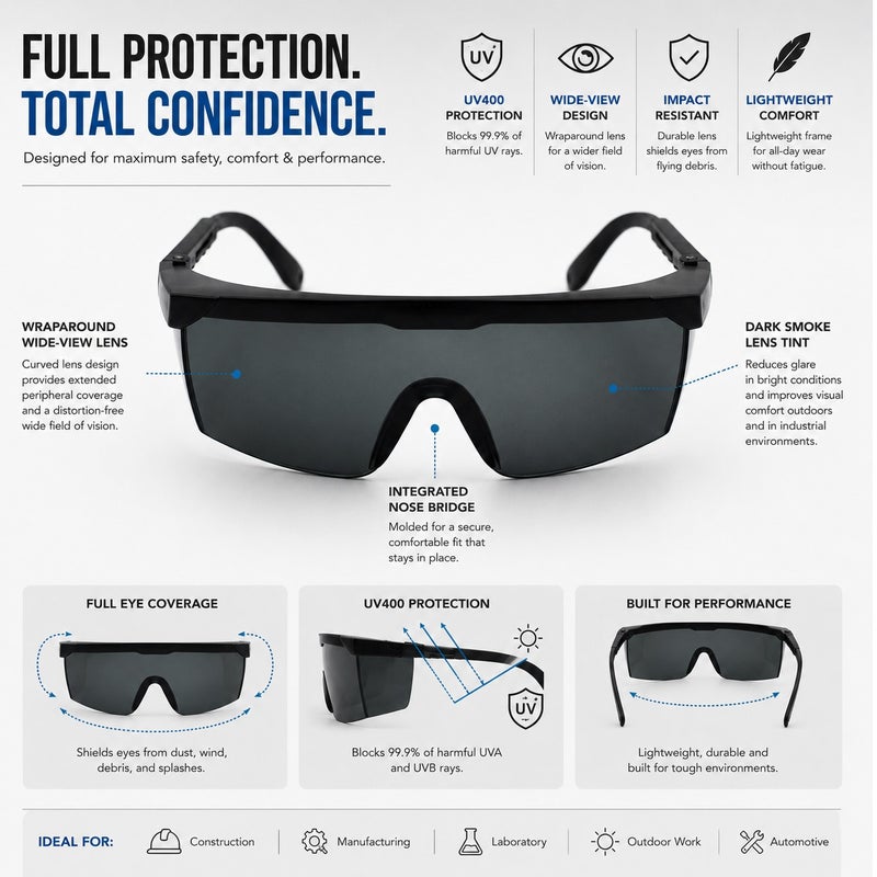 Wulf Safety Goggles Black Industrial Protective Eyewear Anti Scratch Anti Fog Safety Glasses for Construction Workshop Laboratory DIY Eye Protection Durable Comfortable Universal Fit Safety Gear - Image 3