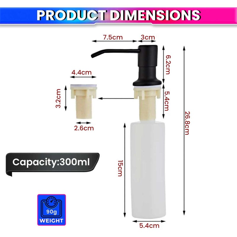 amiciCare ABS Kitchen Sink Soap Dispenser Top Refill Built-In Countertop S.S Steel Dispenser Pump With 360 Degree Rotating Head And 300Ml Soap Bottle (Black Dispenser Pump With Bottle) - Image 5