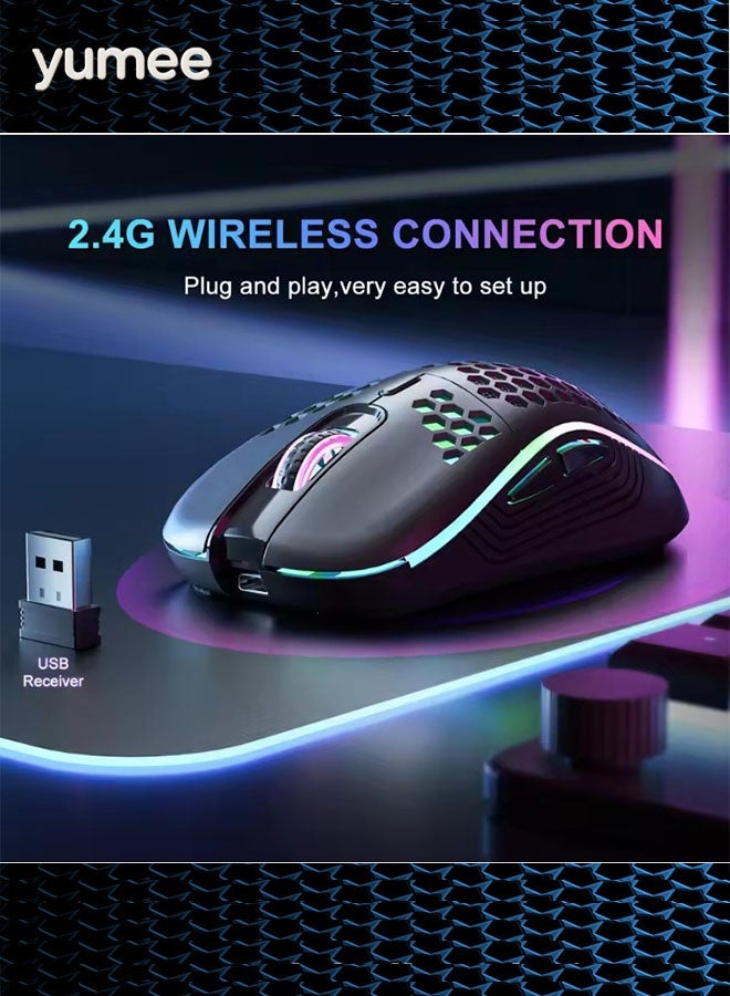 yumee Wireless Mouse Wireless Gaming Mouse, Rechargeable PC Mouse with RGB Backlight 6 Buttons Adjustable Lightweight Honeycomb Shell for Laptops, PC, Computers, Etc. (Wireless Black) - Image 5