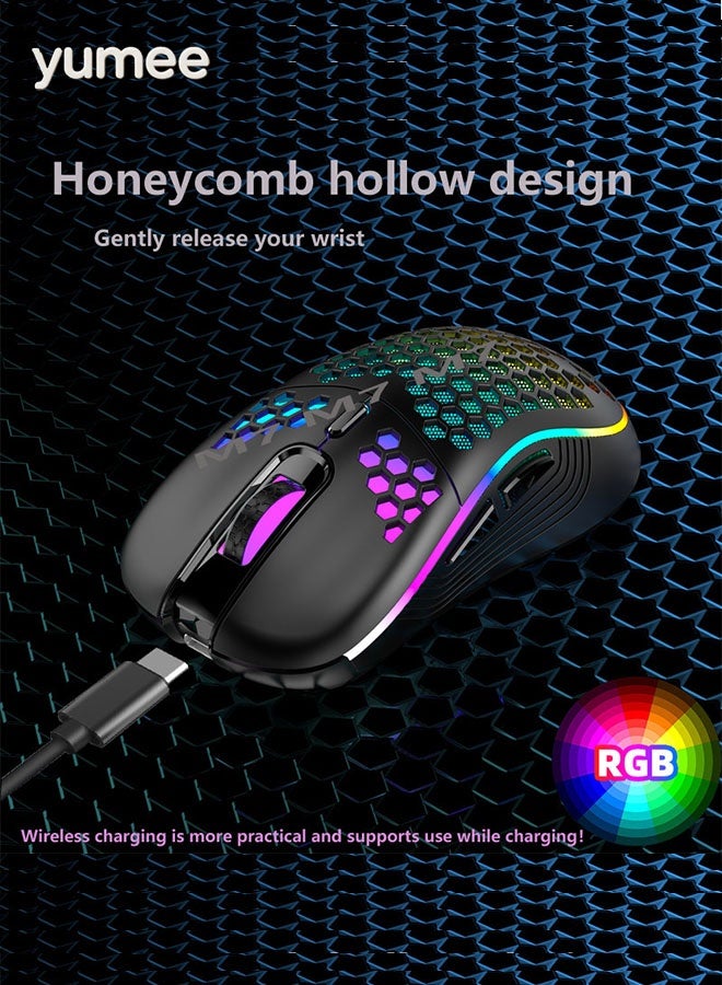 yumee Wireless Mouse Wireless Gaming Mouse, Rechargeable PC Mouse with RGB Backlight 6 Buttons Adjustable Lightweight Honeycomb Shell for Laptops, PC, Computers, Etc. (Wireless Black) - Image 3