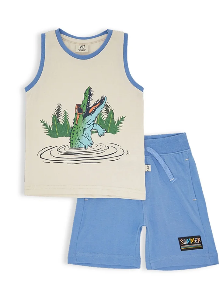 victor and jane 2-Piece Summer Outfit Set Cream & Blue for Baby Boys - Sleeveless T-Shirt & Shorts