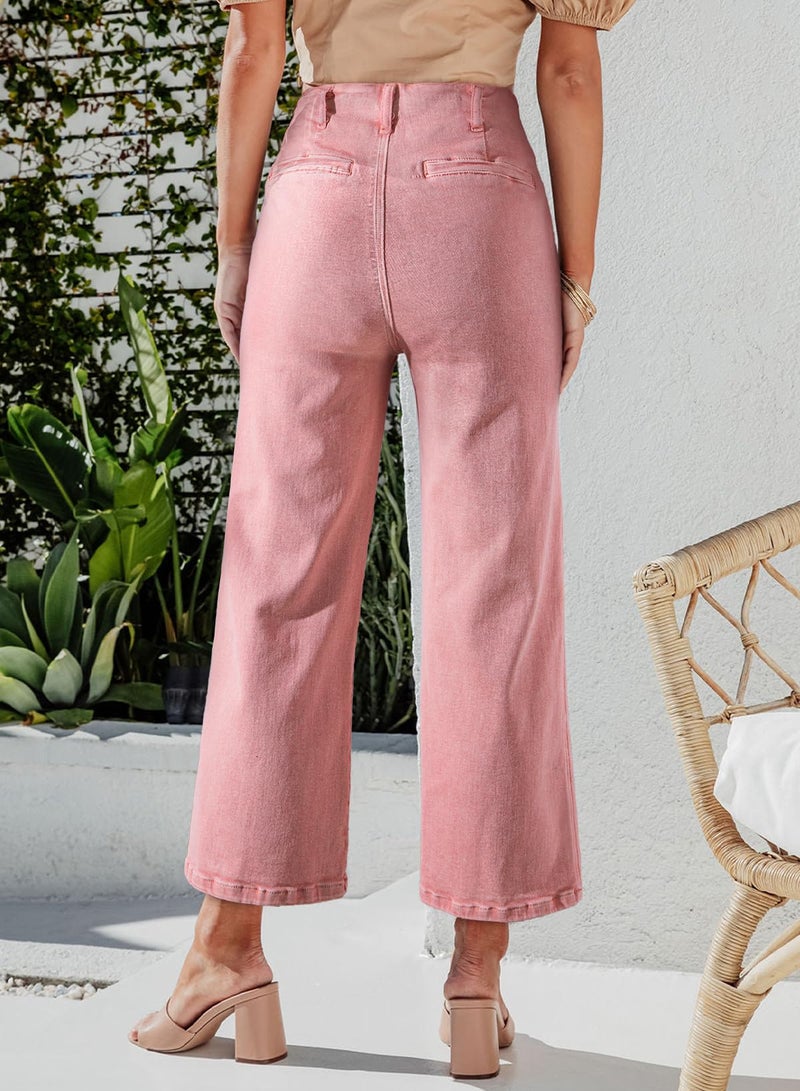 Sidefeel Women's Wide Leg Jeans High Waisted Straight Leg Zimbaplatinum Jeans Buttoned Loose Stretchy Denim Pants with Pocket Peach Blossom Size 6 - Image 3