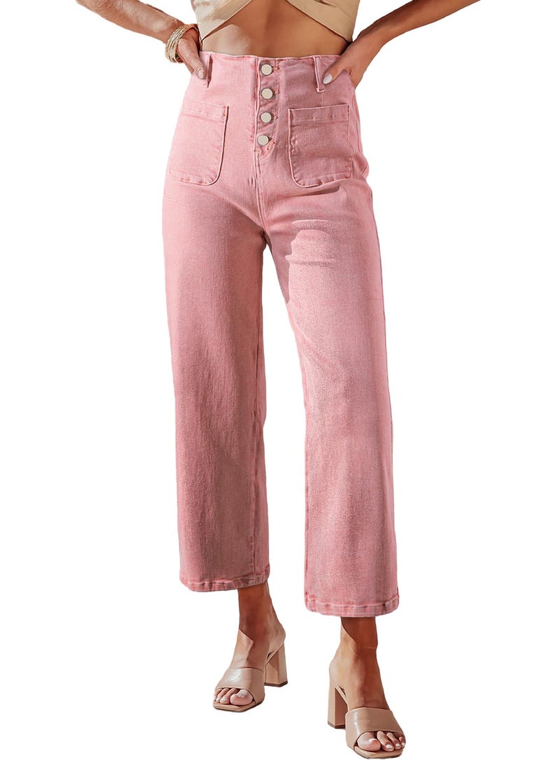 Sidefeel Women's Wide Leg Jeans High Waisted Straight Leg Zimbaplatinum Jeans Buttoned Loose Stretchy Denim Pants with Pocket Peach Blossom Size 6 - Image 1