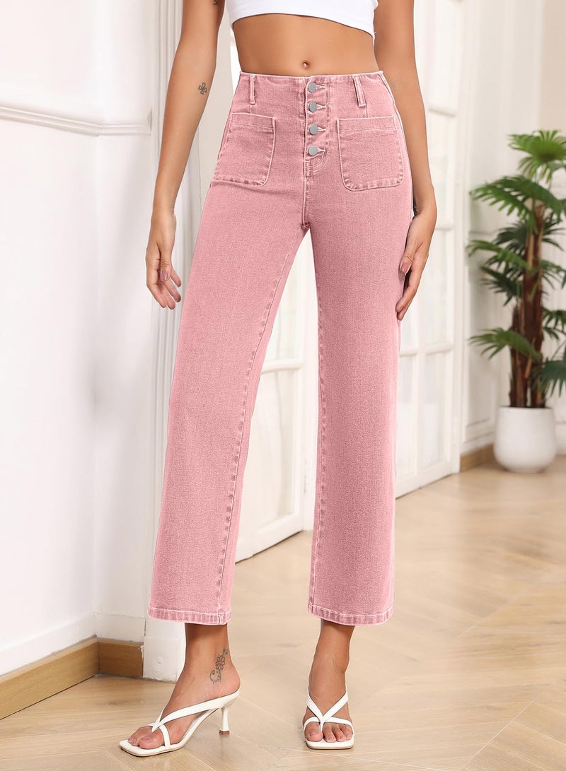 Sidefeel Women's Wide Leg Jeans High Waisted Straight Leg Zimbaplatinum Jeans Buttoned Loose Stretchy Denim Pants with Pocket Peach Blossom Size 6 - Image 4