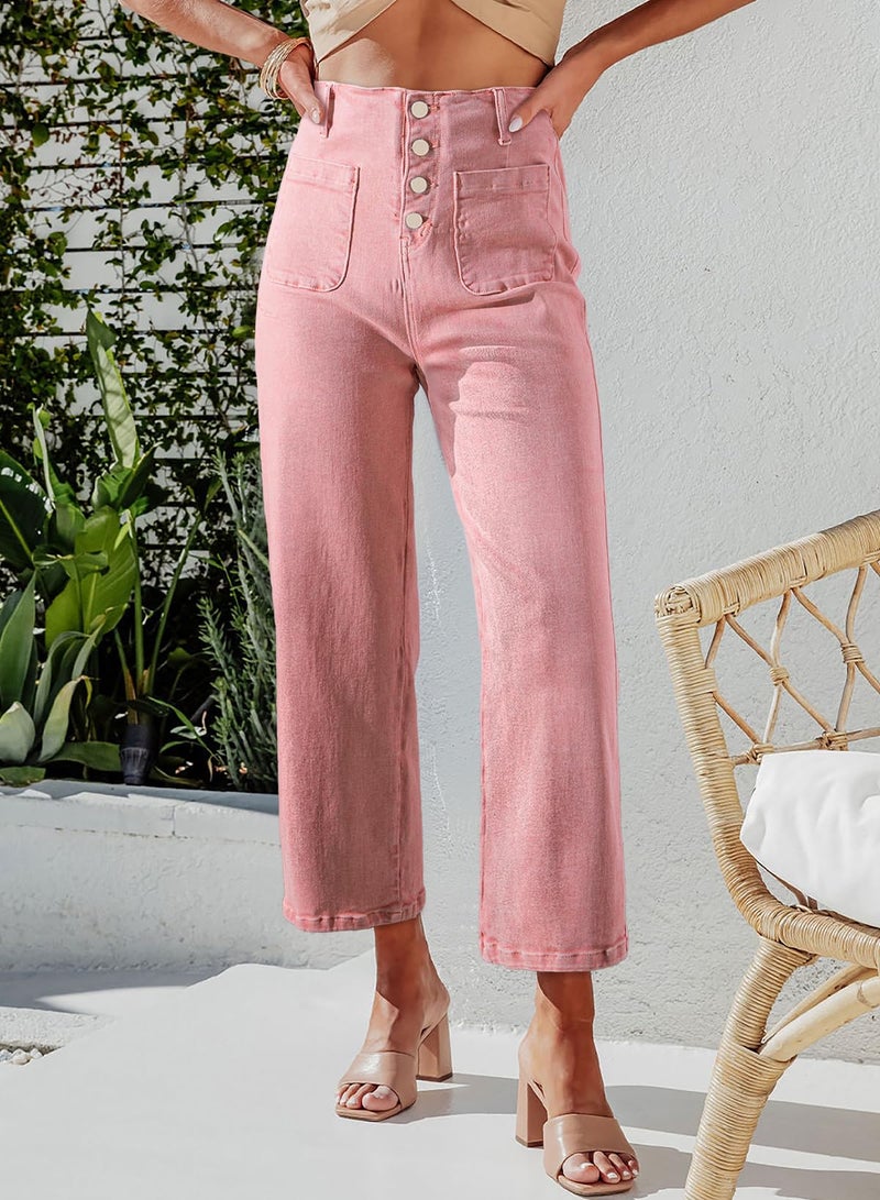 Sidefeel Women's Wide Leg Jeans High Waisted Straight Leg Zimbaplatinum Jeans Buttoned Loose Stretchy Denim Pants with Pocket Peach Blossom Size 6 - Image 2