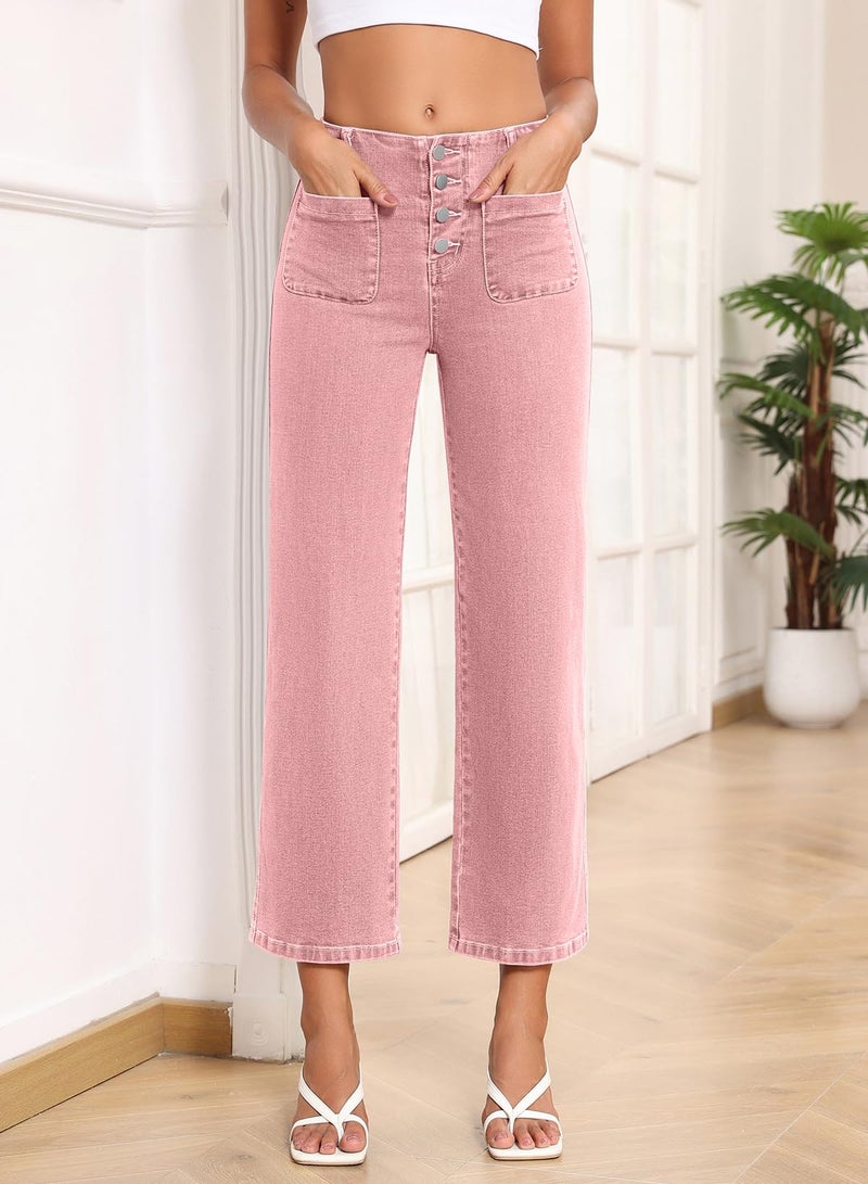 Sidefeel Women's Wide Leg Jeans High Waisted Straight Leg Zimbaplatinum Jeans Buttoned Loose Stretchy Denim Pants with Pocket Peach Blossom Size 6 - Image 5