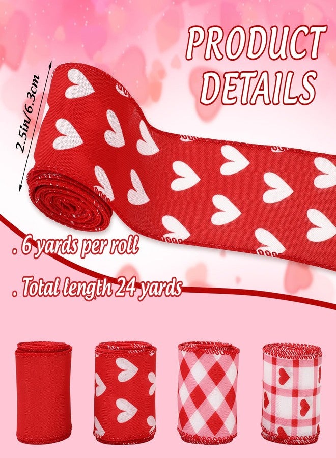 Whaline 4 Roll Valentine's Day Heart Wired Edge Ribbon Red Pink Plaid Love Heart Fabric Ribbons for Wreath Bow Making DIY Crafts Wrapping, 24 Yard - Image 2