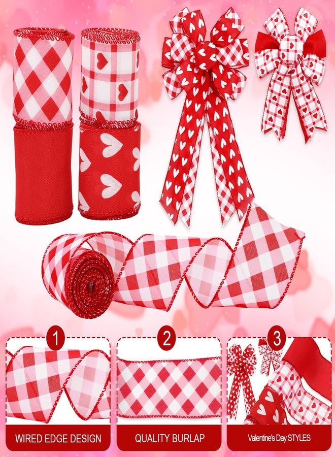 Whaline 4 Roll Valentine's Day Heart Wired Edge Ribbon Red Pink Plaid Love Heart Fabric Ribbons for Wreath Bow Making DIY Crafts Wrapping, 24 Yard - Image 3