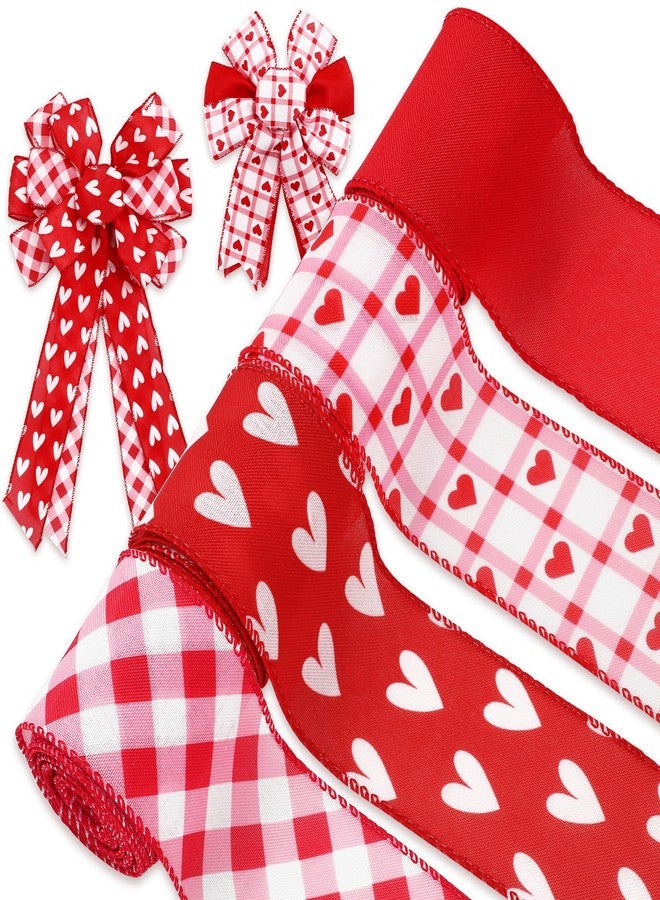 Whaline 4 Roll Valentine's Day Heart Wired Edge Ribbon Red Pink Plaid Love Heart Fabric Ribbons for Wreath Bow Making DIY Crafts Wrapping, 24 Yard - Image 1