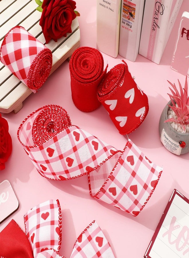 Whaline 4 Roll Valentine's Day Heart Wired Edge Ribbon Red Pink Plaid Love Heart Fabric Ribbons for Wreath Bow Making DIY Crafts Wrapping, 24 Yard - Image 4