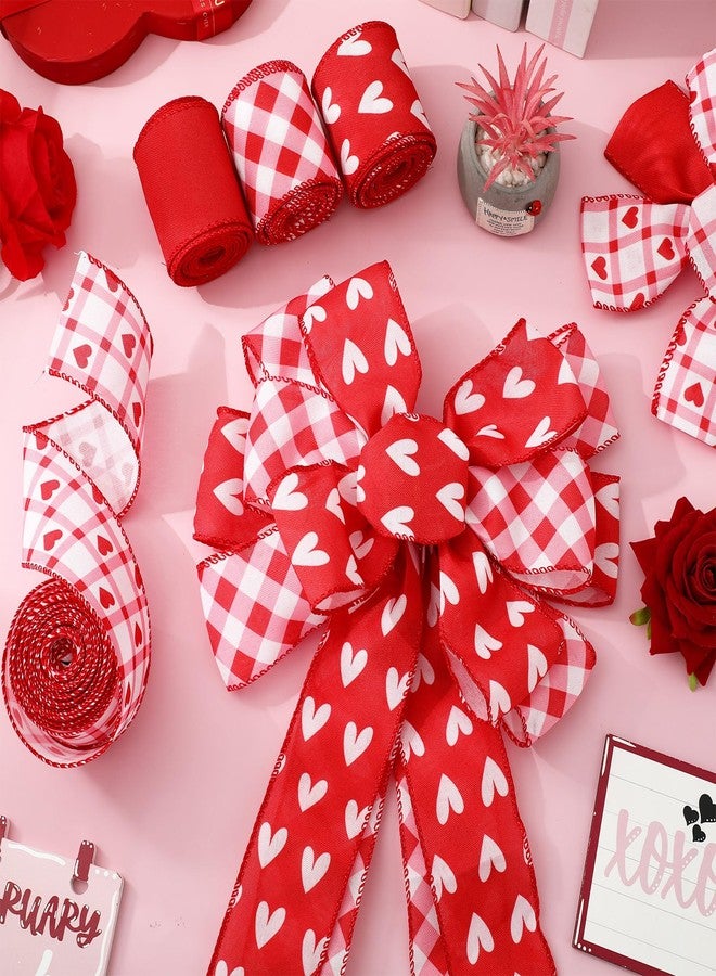 Whaline 4 Roll Valentine's Day Heart Wired Edge Ribbon Red Pink Plaid Love Heart Fabric Ribbons for Wreath Bow Making DIY Crafts Wrapping, 24 Yard - Image 5