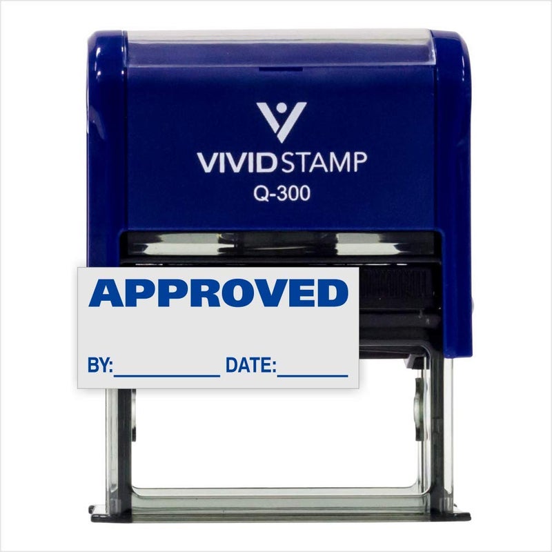 Vivid Stamp Approved w/by Date Line Self-Inking Office Rubber Stamp (Blue) - Large - Image 2