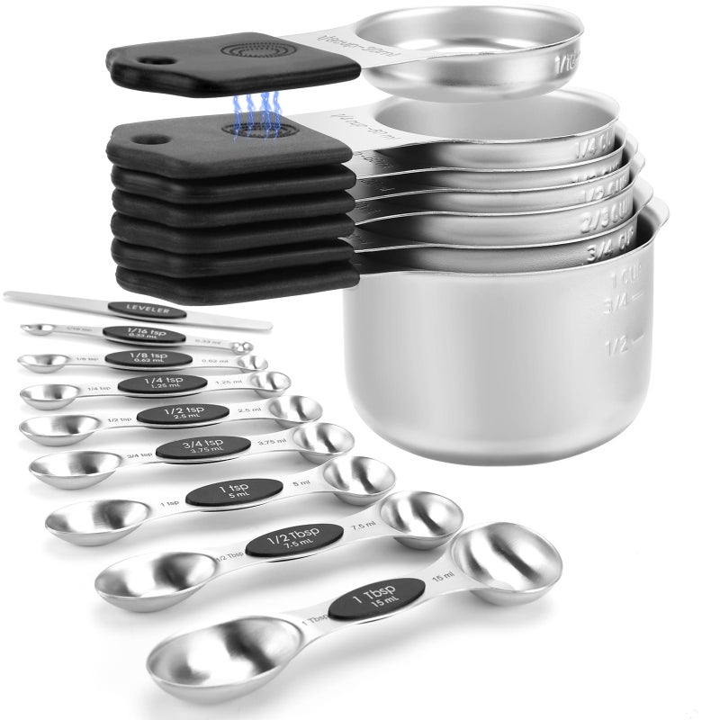 HOUJIP Magnetic Measuring Cups and Spoons Set-Heavy Duty 304 Stainless Steelï¼ŒDouble Measurement Markingsï¼ŒSet of 16 with Leveler for Measure Dry and Liquid Ingredients (Black) - Image 1