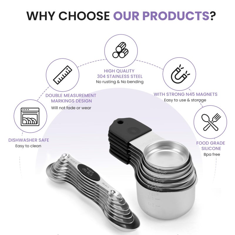 HOUJIP Magnetic Measuring Cups and Spoons Set-Heavy Duty 304 Stainless Steelï¼ŒDouble Measurement Markingsï¼ŒSet of 16 with Leveler for Measure Dry and Liquid Ingredients (Black) - Image 2
