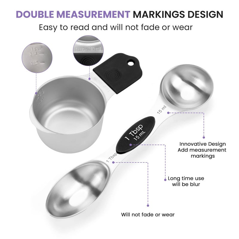 HOUJIP Magnetic Measuring Cups and Spoons Set-Heavy Duty 304 Stainless Steelï¼ŒDouble Measurement Markingsï¼ŒSet of 16 with Leveler for Measure Dry and Liquid Ingredients (Black) - Image 4