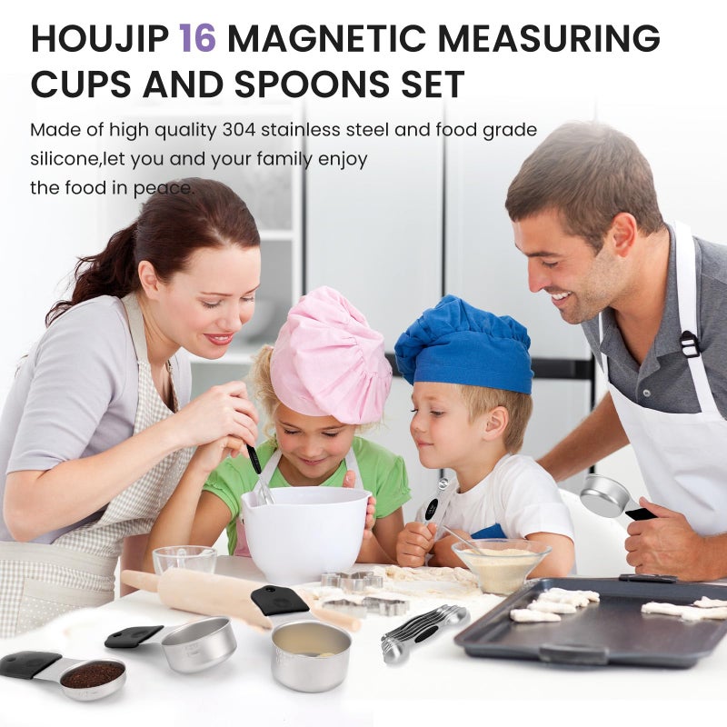 HOUJIP Magnetic Measuring Cups and Spoons Set-Heavy Duty 304 Stainless Steelï¼ŒDouble Measurement Markingsï¼ŒSet of 16 with Leveler for Measure Dry and Liquid Ingredients (Black) - Image 3