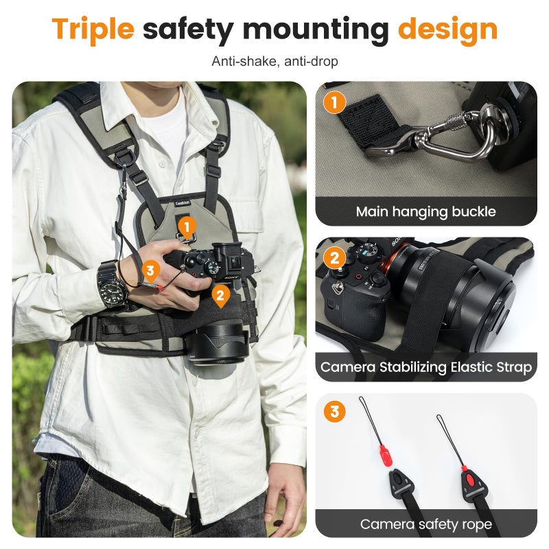 Cwatcun Professional Camera Harness & Vest System - Triple Safety Mount, 10 Accessory Points, Dual Camera Straps & Lightweight Design for Outdoor Photography - Image 3