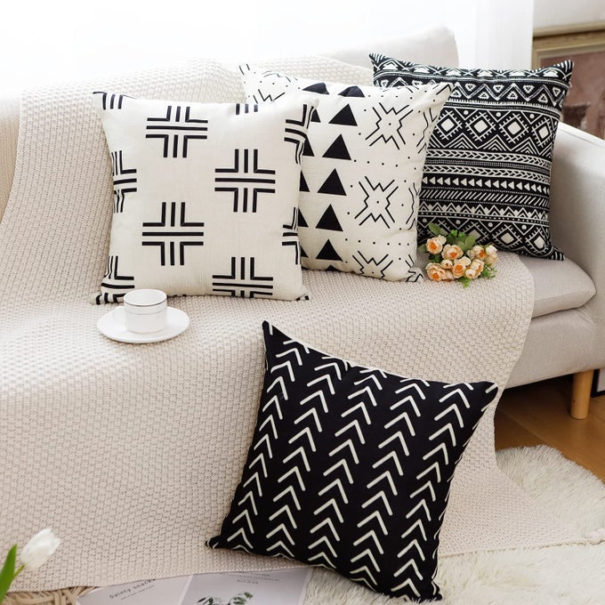 PILLOW COVERS 18X18 SET OF 4 MODERN BOHO GEOMETRIC DECORATIVE THROW PILLOW COVERS COTTON LINEN HOME DECOR CUSHION COVER FOR COUCH SOFA LIVING ROOM OUTDOOR CAR 18X18 BLACK