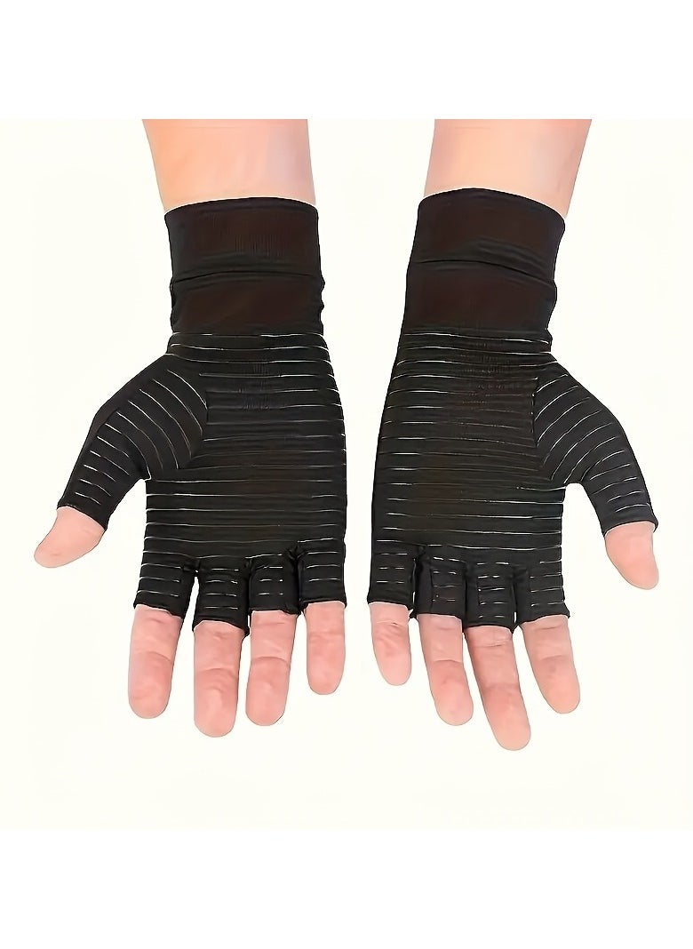 Generic - 1 PAIR COPPER INFUSED FIBRE COMPRESSION GLOVES - FINGERLESS NON-SLIP GRIP, BREATHABLE AND FLEXIBLE SUPPORT FOR TYPING AND EXERCISE - MEN'S AND WOMEN'S black hand wraps - Image 1