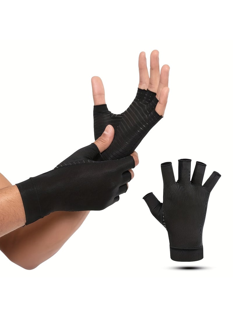 1 PAIR COPPER INFUSED FIBRE COMPRESSION GLOVES - FINGERLESS NON-SLIP GRIP, BREATHABLE AND FLEXIBLE SUPPORT FOR TYPING AND EXERCISE - MEN'S AND WOMEN'S black hand wraps - Image 4